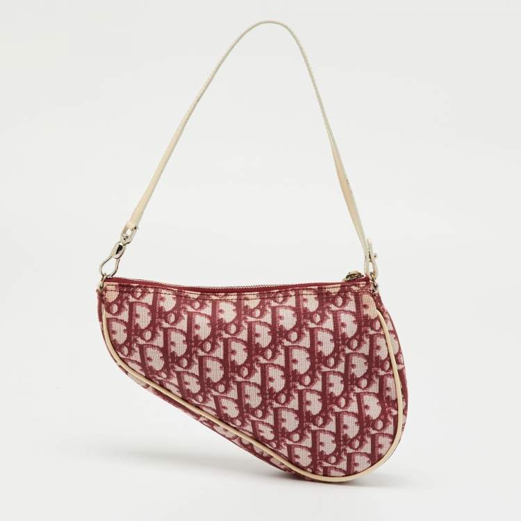 Pre Owned Dior Red/White Oblique Coated Canvas and Patent Leather Vintage Saddle Pochette