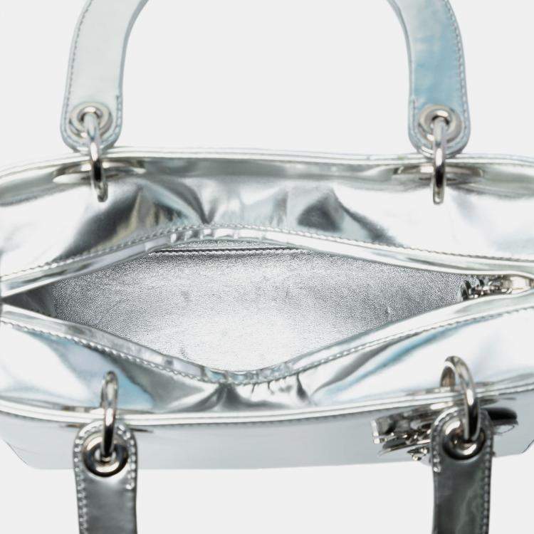 Pre Owned Dior Silver Medium Metallic Patent Lady Dior