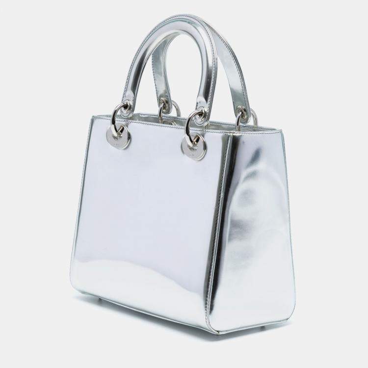 Pre Owned Dior Silver Medium Metallic Patent Lady Dior