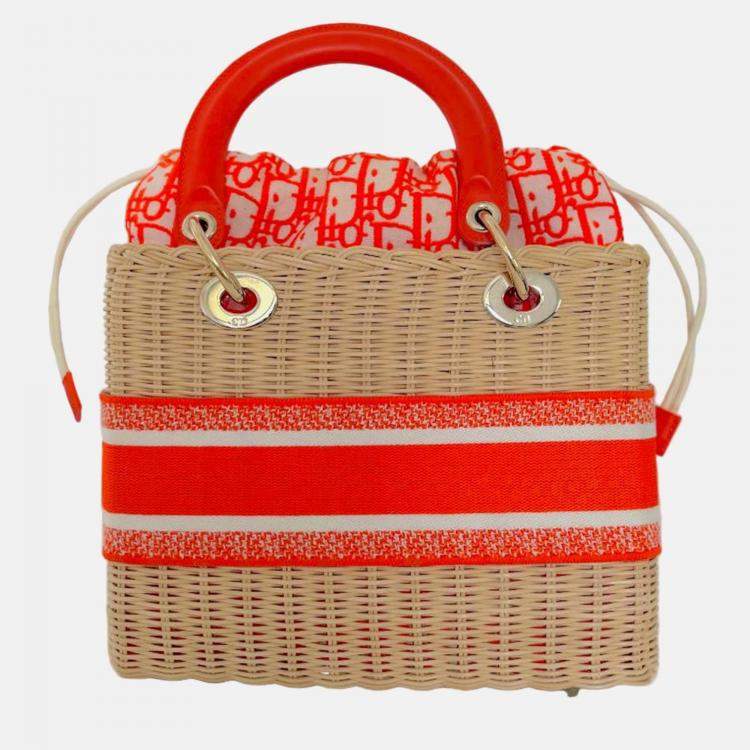 Pre Owned Christian Dior Orange Lady Dior Natural Wicker Medium Bag