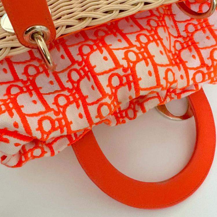 Pre Owned Christian Dior Orange Lady Dior Natural Wicker Medium Bag