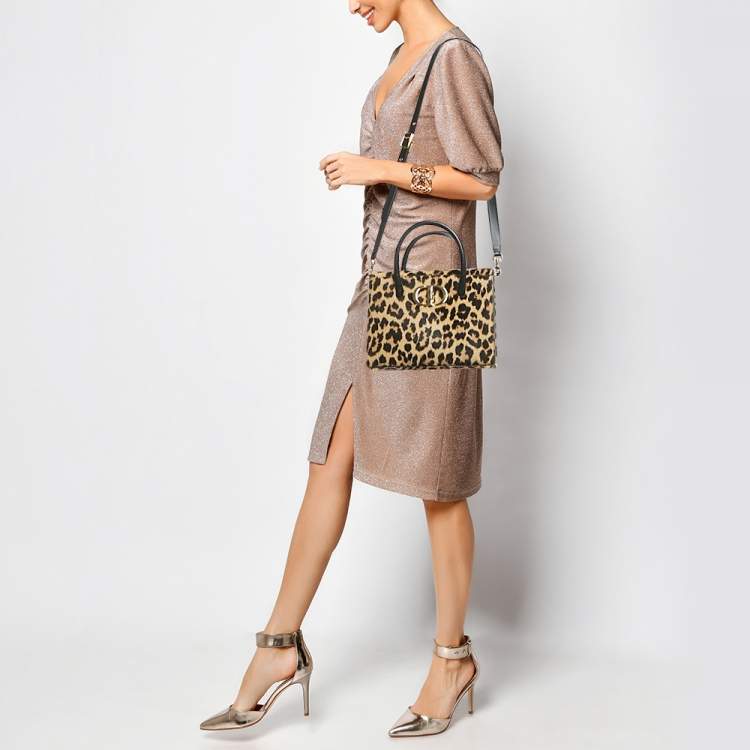 Pre Owned Dior Beige/Black Leopard Print Calfhair and Leather St Honoré Tote