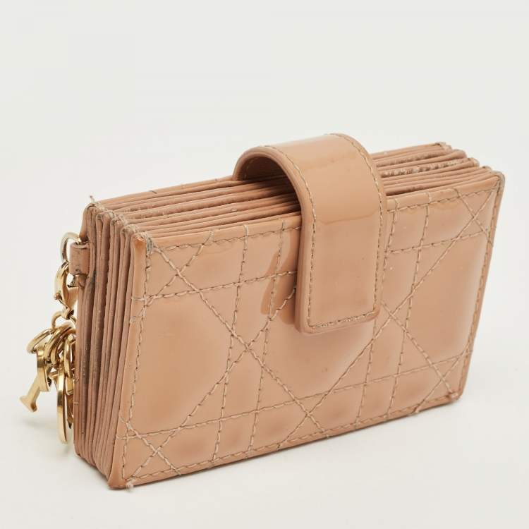 Pre Owned Dior Beige Cannage Patent Leather Lady Dior 5 Gusset Card Holder