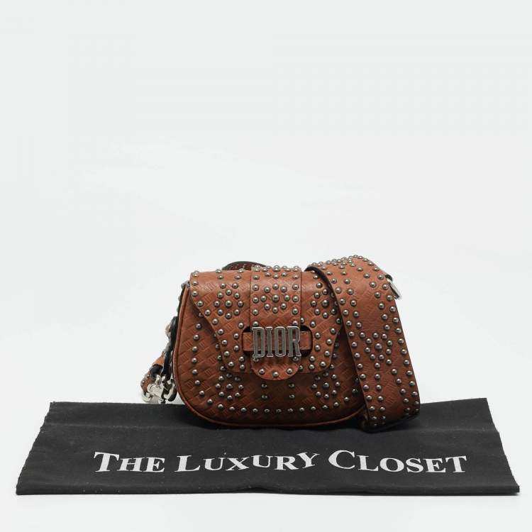 Pre Owned Dior Brown Woven Embossed Leather Studded D-Fence Saddle Bag