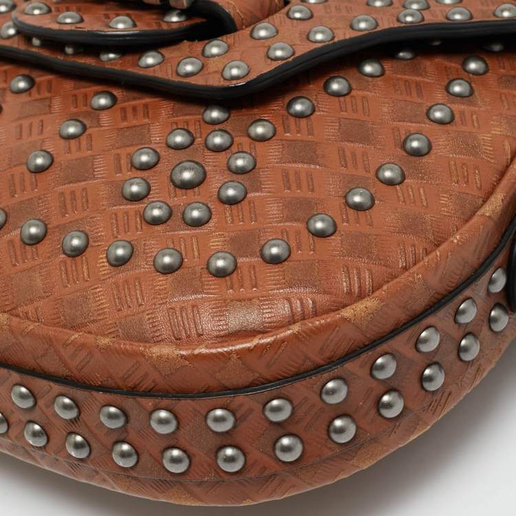 Pre Owned Dior Brown Woven Embossed Leather Studded D-Fence Saddle Bag