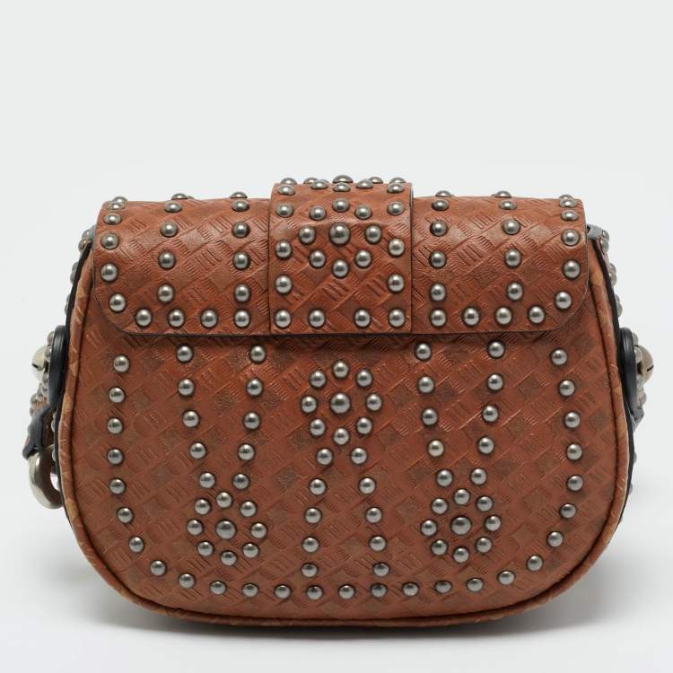 Pre Owned Dior Brown Woven Embossed Leather Studded D-Fence Saddle Bag