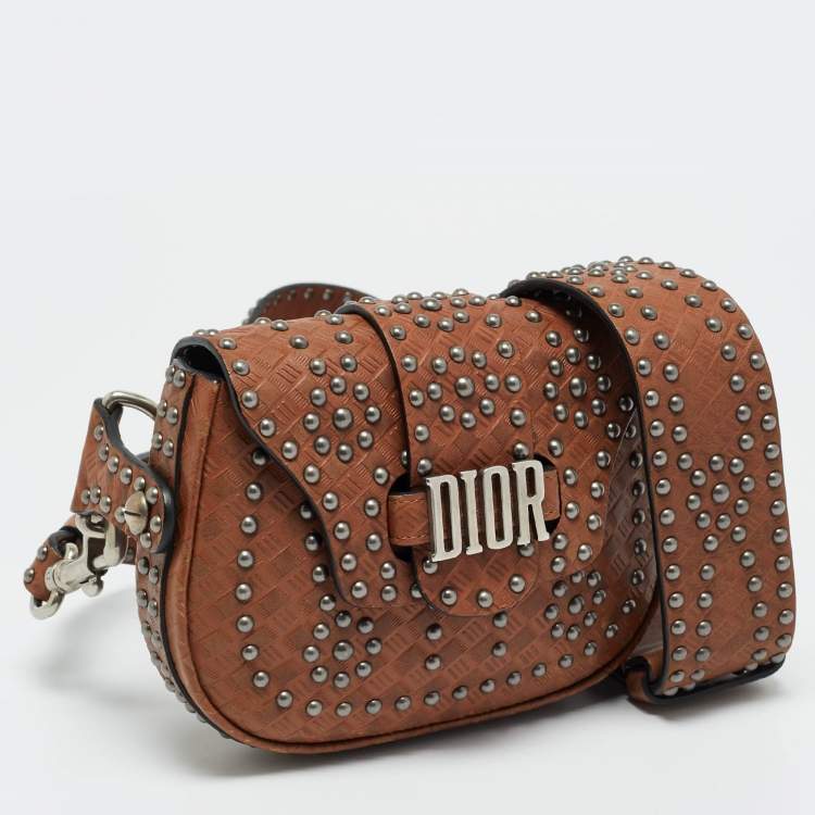 Pre Owned Dior Brown Woven Embossed Leather Studded D-Fence Saddle Bag