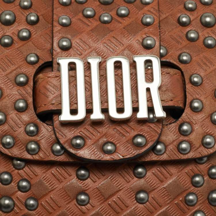Pre Owned Dior Brown Woven Embossed Leather Studded D-Fence Saddle Bag
