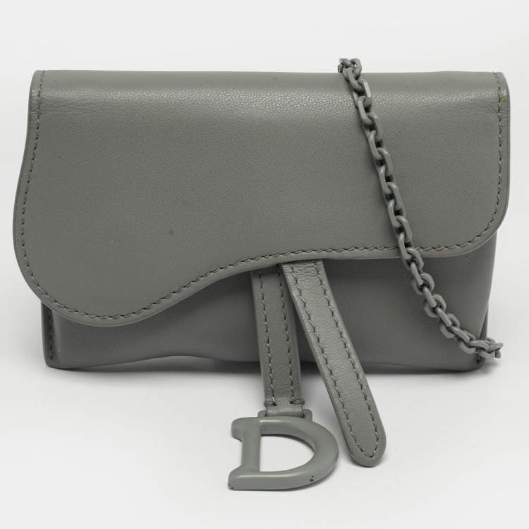 Pre Owned Dior Grey Ultra Matte Leather Nano Saddle Chain Pouch