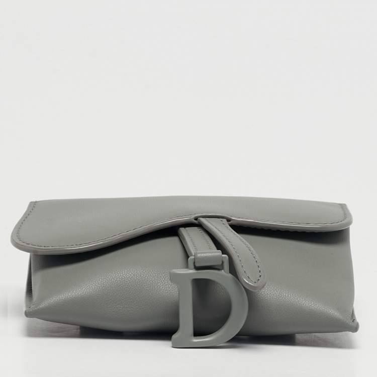Pre Owned Dior Grey Ultra Matte Leather Nano Saddle Chain Pouch