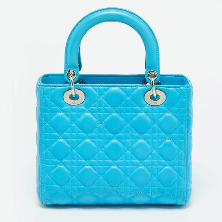Pre Owned Dior Light Blue Cannage Leather Medium Lady Dior Tote