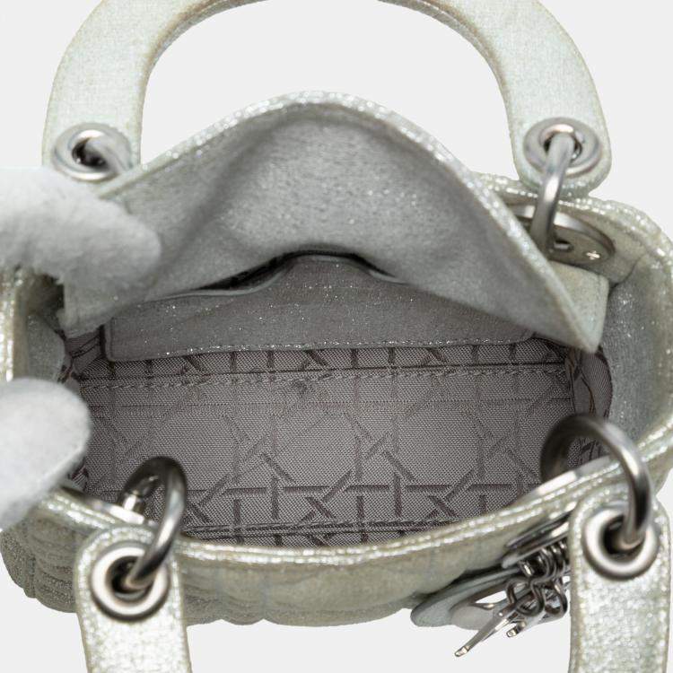 Pre Owned Dior Silver Micro Metallic Calfskin Cannage Lady Dior