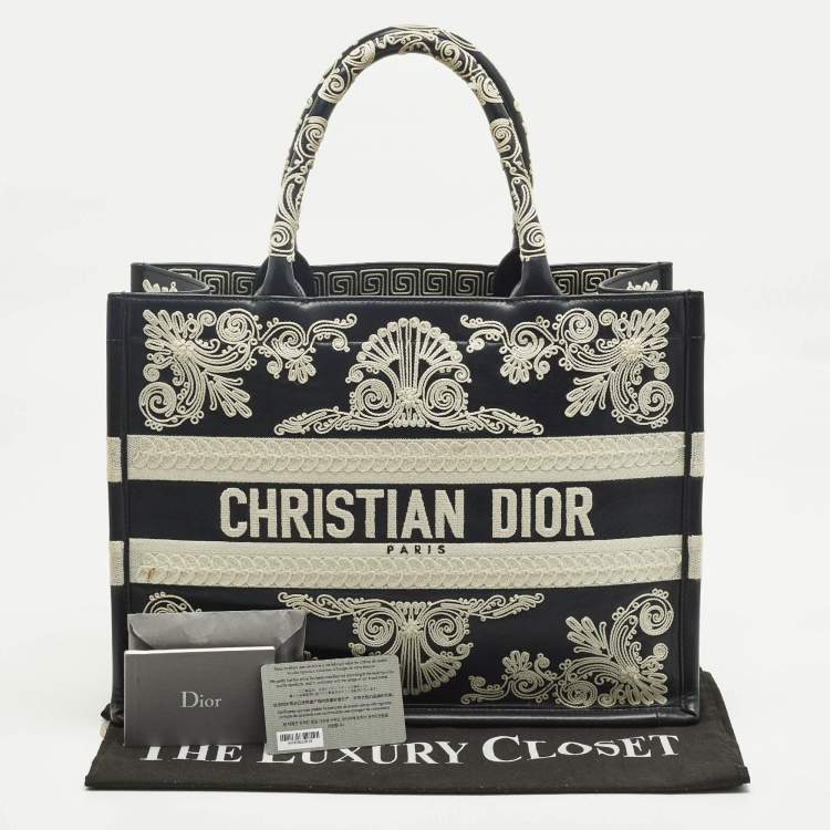 Pre Owned Dior Navy Blue/White Leather Embroidered Medium Book Tote