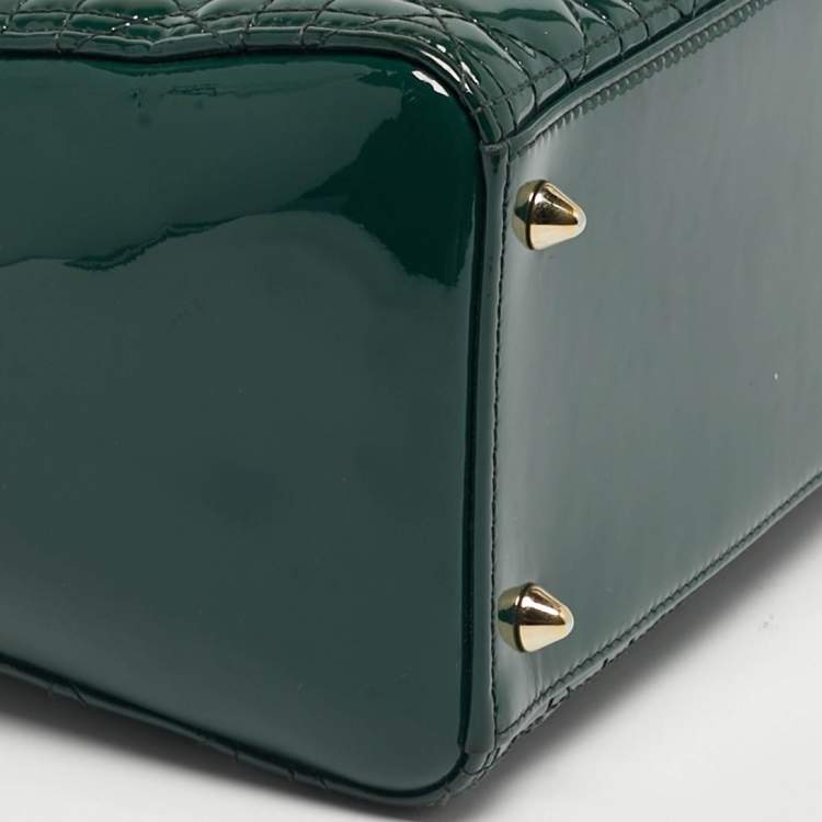Pre Owned Dior Green Cannage Patent Leather Medium Lady Dior Tote