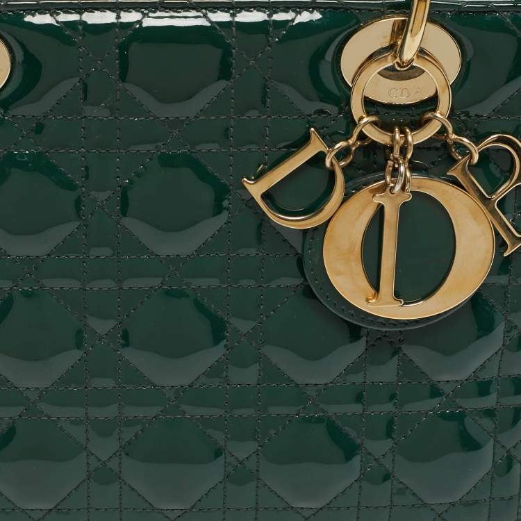 Pre Owned Dior Green Cannage Patent Leather Medium Lady Dior Tote