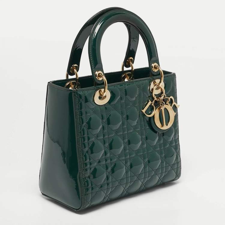 Pre Owned Dior Green Cannage Patent Leather Medium Lady Dior Tote