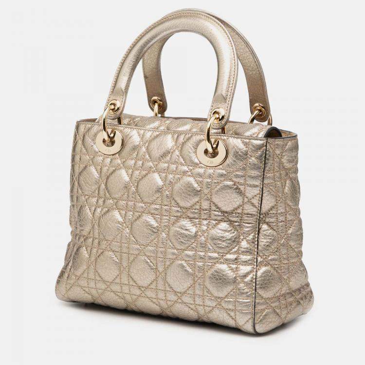 Pre Owned Dior Gold Medium Metallic Grained Calfskin Cannage Supple Lady Dior