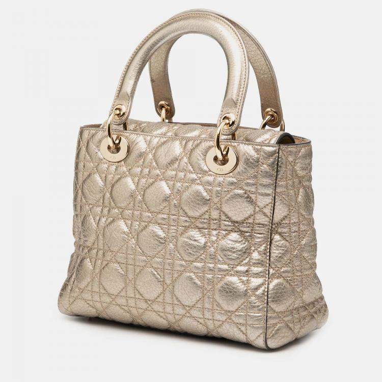 Pre Owned Dior Gold Medium Metallic Grained Calfskin Cannage Supple Lady Dior