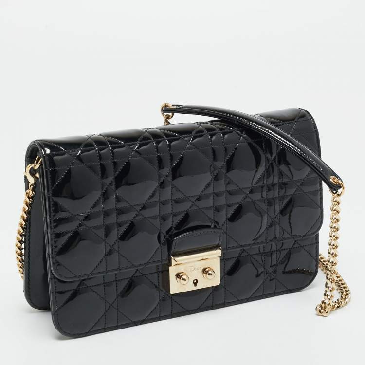 Pre Owned Dior Black Cannage Patent Leather Miss Dior Promenade Wallet On Chain