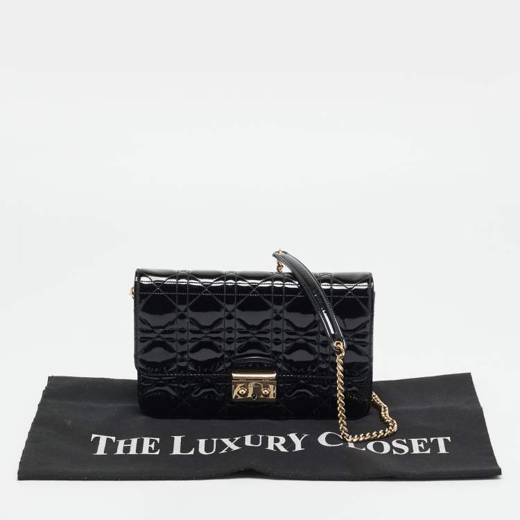 Pre Owned Dior Black Cannage Patent Leather Miss Dior Promenade Wallet On Chain