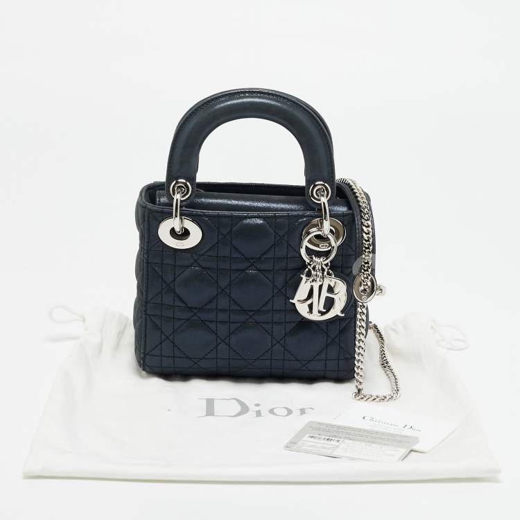 Pre Owned Dior Lady Dior Mini Navy Blue Cannage Iridescent Leather Tote