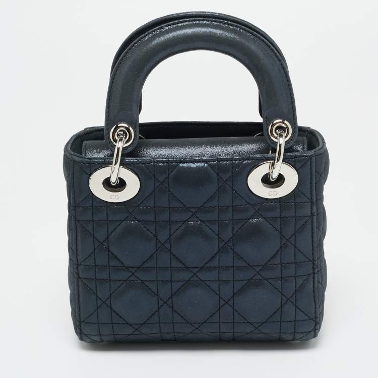 Pre Owned Dior Lady Dior Mini Navy Blue Cannage Iridescent Leather Tote