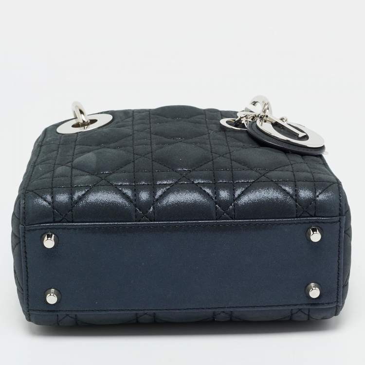 Pre Owned Dior Lady Dior Mini Navy Blue Cannage Iridescent Leather Tote