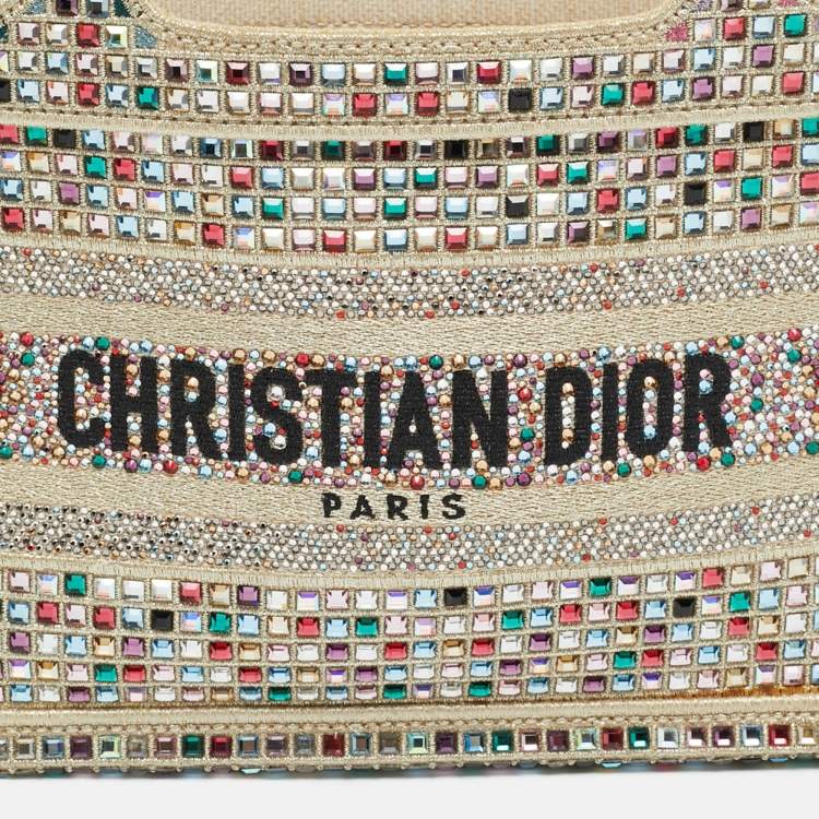 مملوكة مسبقًا Dior Crystal Embellished Book Gold Canvas Tote