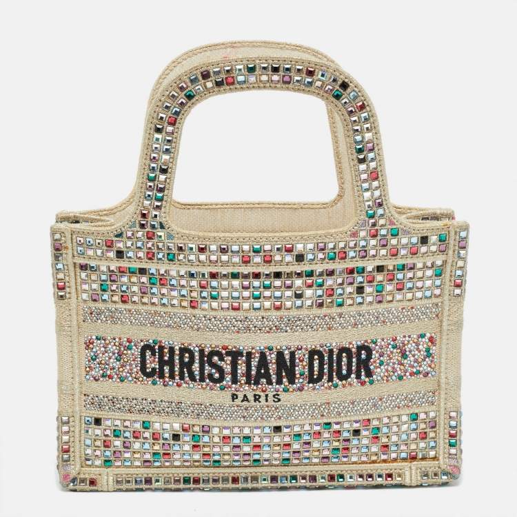 مملوكة مسبقًا Dior Crystal Embellished Book Gold Canvas Tote
