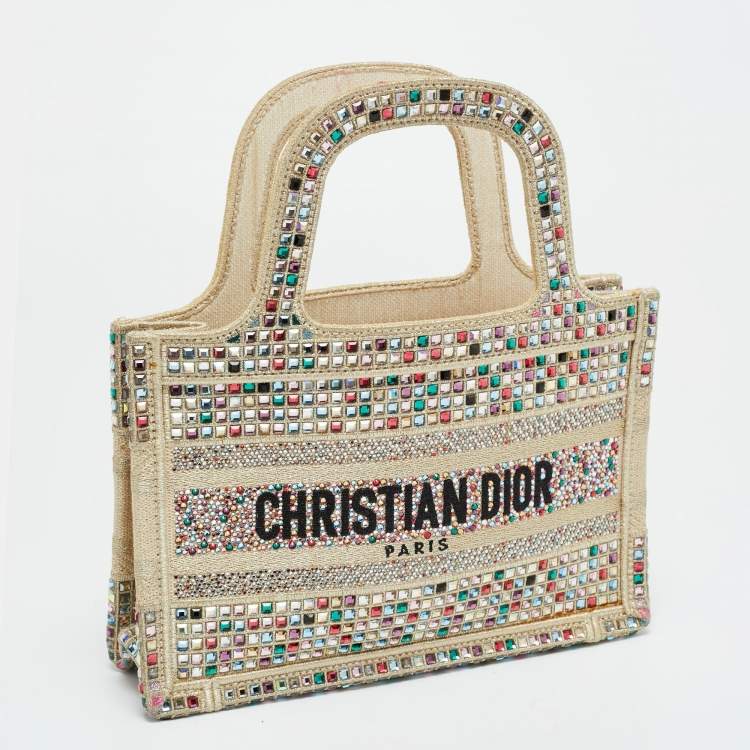 مملوكة مسبقًا Dior Crystal Embellished Book Gold Canvas Tote