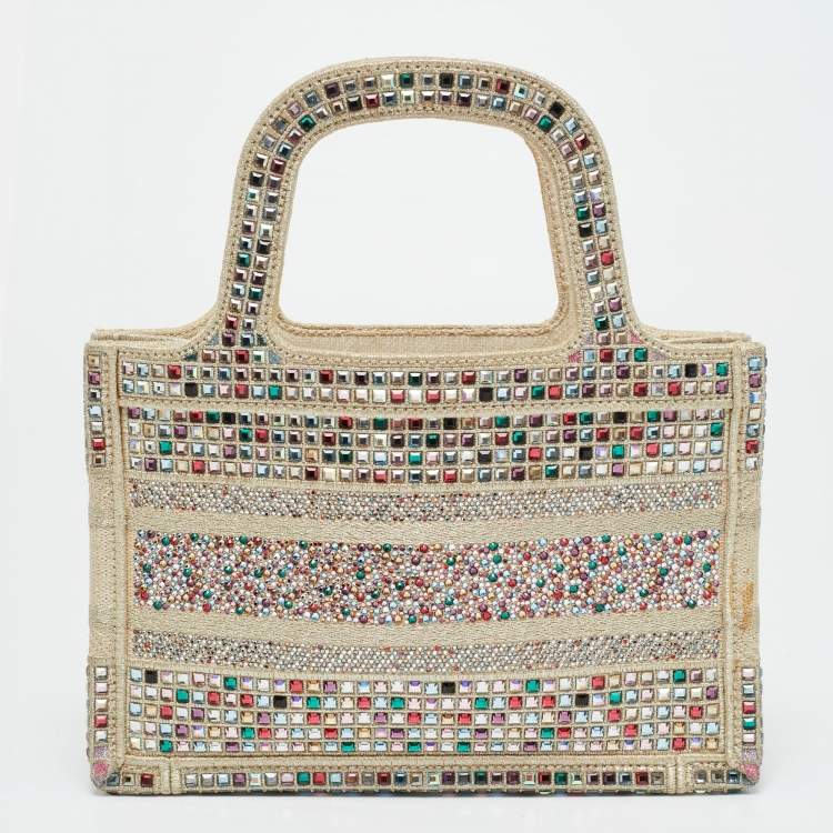 مملوكة مسبقًا Dior Crystal Embellished Book Gold Canvas Tote
