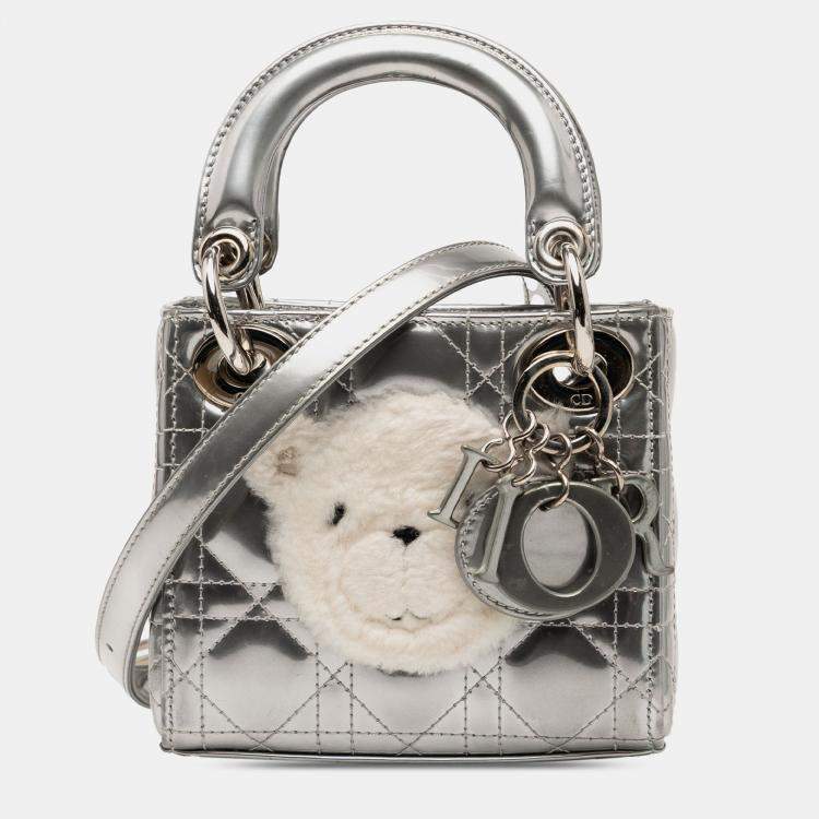 Pre Owned Dior Silver Micro Metallic Lambskin Cannage Bear Lady Dior