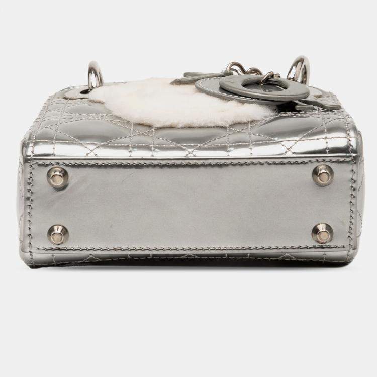 Pre Owned Dior Silver Micro Metallic Lambskin Cannage Bear Lady Dior