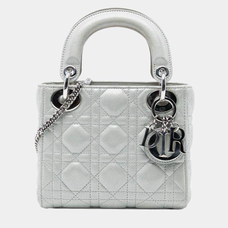 Pre Owned Dior Silver Mini Iridescent Lambskin Cannage Lady Dior