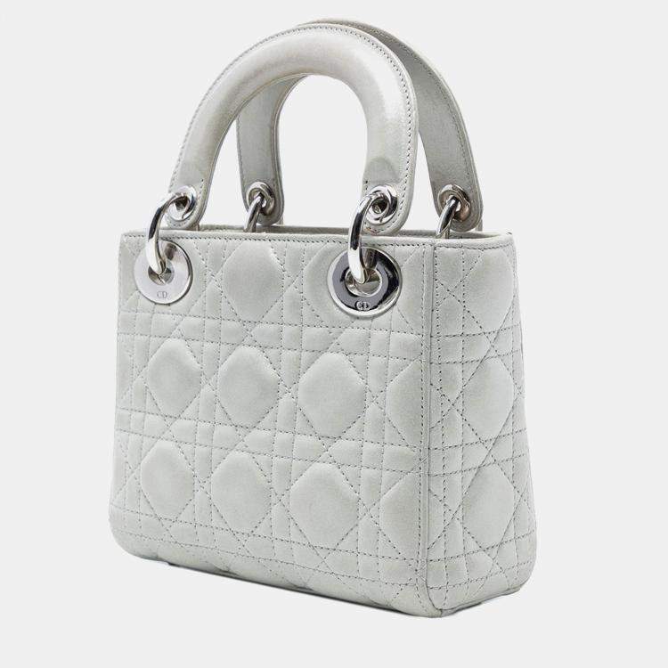 Pre Owned Dior Silver Mini Iridescent Lambskin Cannage Lady Dior