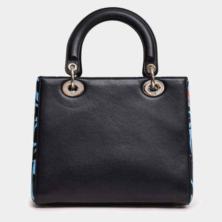 Pre Owned Christian Dior 2016 Black/Blue Leather Floral Printed Lady Dior