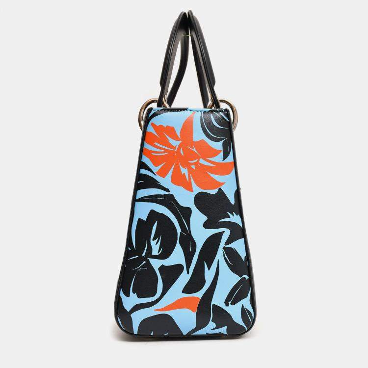 Pre Owned Christian Dior 2016 Black/Blue Leather Floral Printed Lady Dior