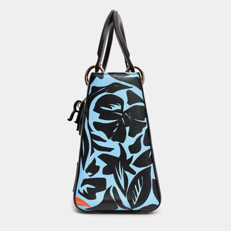 Pre Owned Christian Dior 2016 Black/Blue Leather Floral Printed Lady Dior