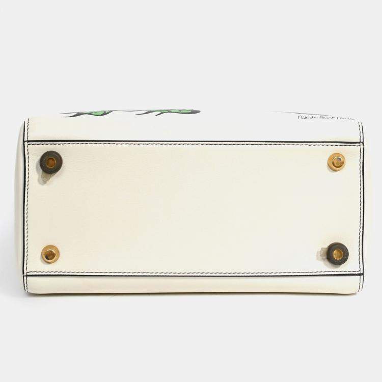 Pre Owned Christian Dior x Nika De Saint Phalle 2018 White Leather Medium Dragon 'Lady Dior' Top Handle Bag with Strap