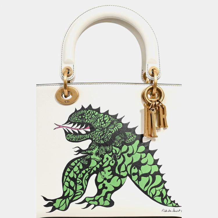 Pre Owned Christian Dior x Nika De Saint Phalle 2018 White Leather Medium Dragon 'Lady Dior' Top Handle Bag with Strap