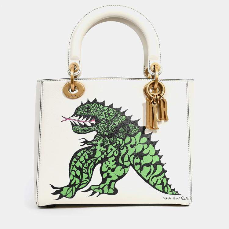 Pre Owned Christian Dior x Nika De Saint Phalle 2018 White Leather Medium Dragon 'Lady Dior' Top Handle Bag with Strap