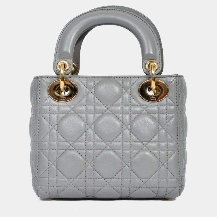 Pre Owned Christian Dior 2015 Grey Leather Cannage Mini Lady Dior with Strap
