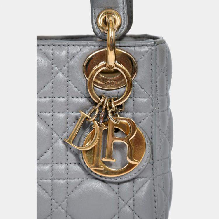Pre Owned Christian Dior 2015 Grey Leather Cannage Mini Lady Dior with Strap