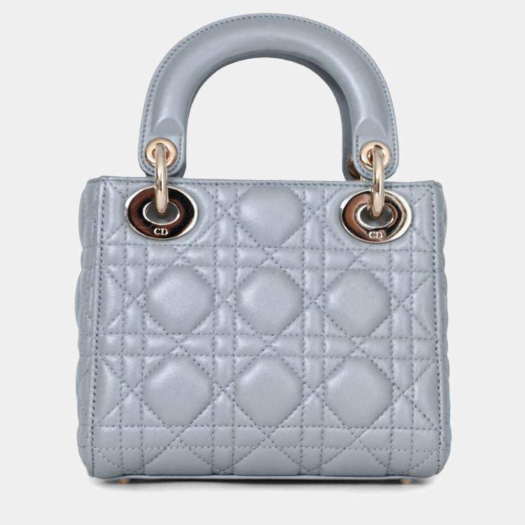 Pre Owned Christian Dior Grey Shimmer Leather Cannage Mini Lady Dior with Strap