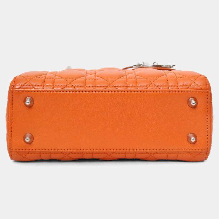 Pre Owned Christian Dior 2016 Orange Leather Cannage Small Lady Dior with Strap