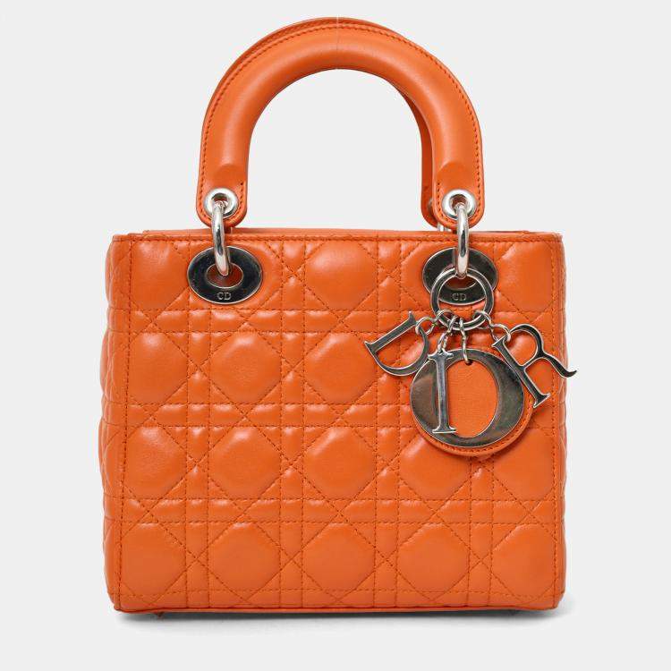 Pre Owned Christian Dior 2016 Orange Leather Cannage Small Lady Dior with Strap