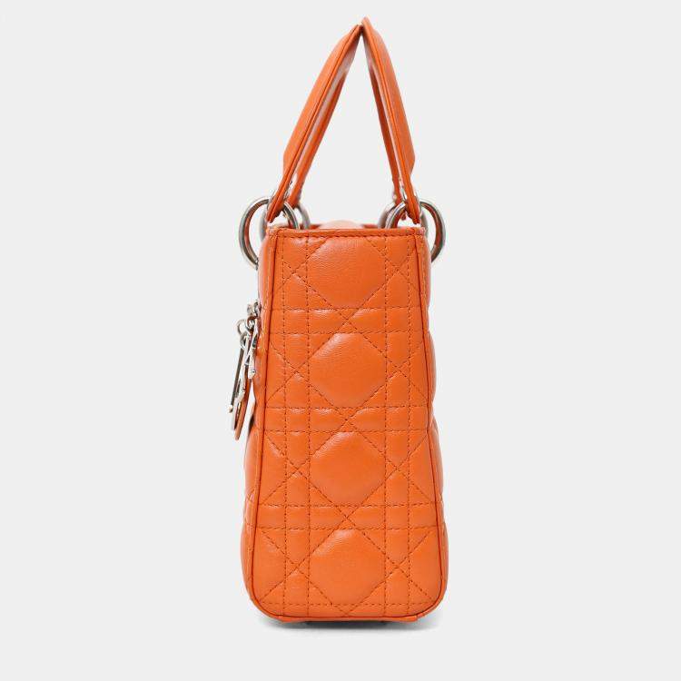 Pre Owned Christian Dior 2016 Orange Leather Cannage Small Lady Dior with Strap