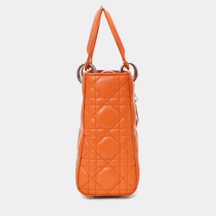 Pre Owned Christian Dior 2016 Orange Leather Cannage Small Lady Dior with Strap