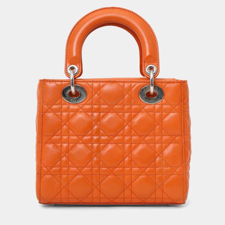 Pre Owned Christian Dior 2016 Orange Leather Cannage Small Lady Dior with Strap