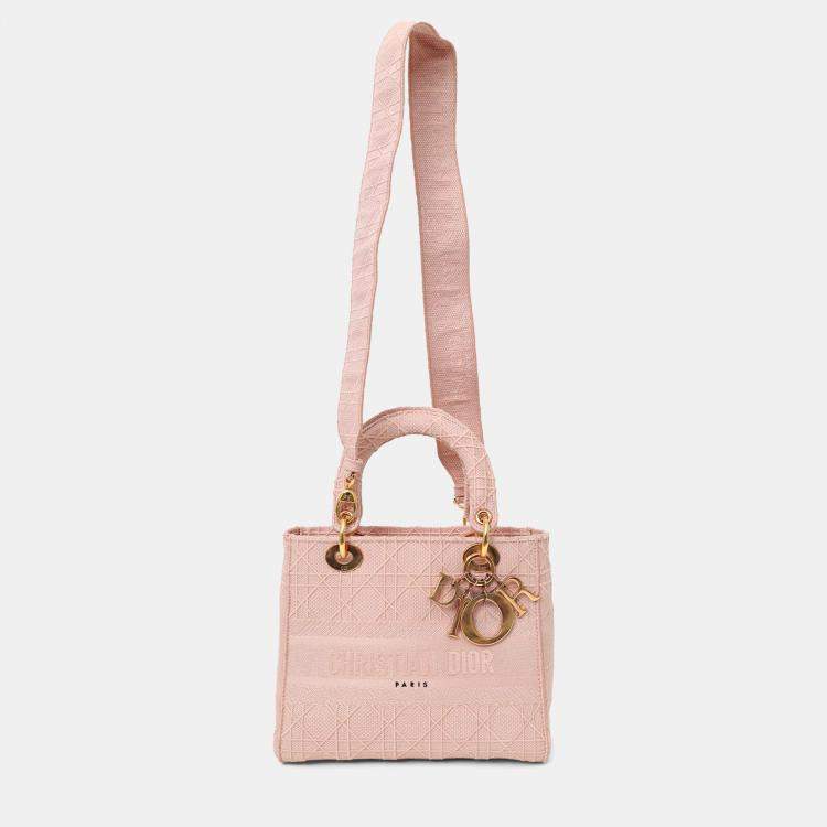 Pre Owned Christian Dior 2020 Pink Cannage Embroidered Canvas Medium Lady D-Lite With Strap